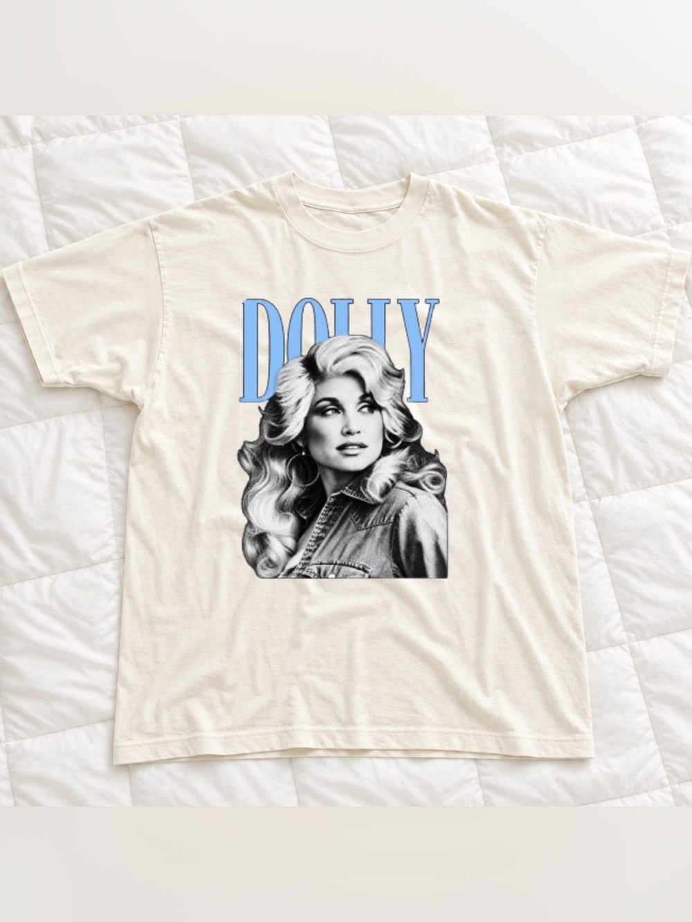 Cream Dolly Parton Graphic Women’s Tee with Blue Logo
